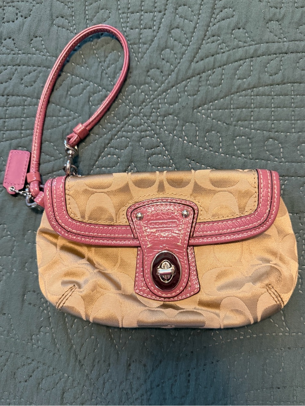 Coach Signature Canvas Wristlet in Khaki and Pink